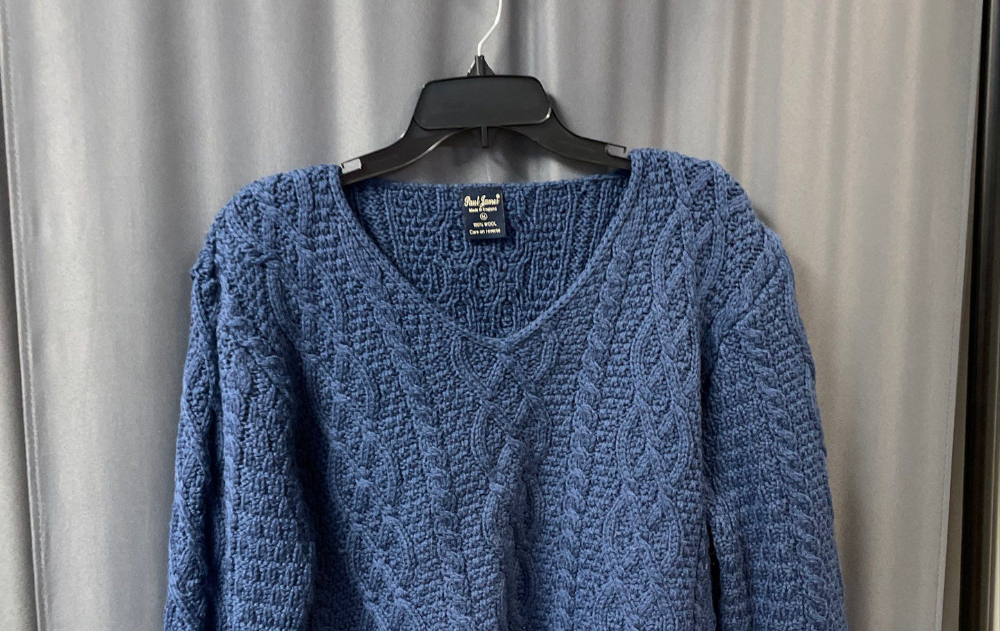 Vintage Paul James Men's Blue Wool Cable Knit V-Neck Sweater England Sz M