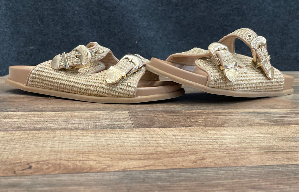 Steve Madden Tan Woven Raffia Double Buckle Studded Slides Women's Size 10M