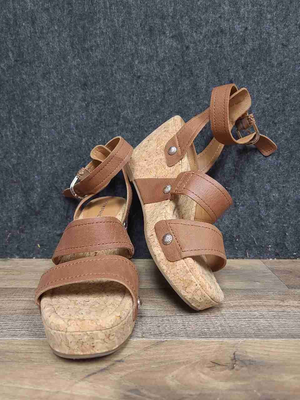 Lucky Brand Valintina Tan Leather Strappy Cork Wedge Sandals Women's Size 8.5