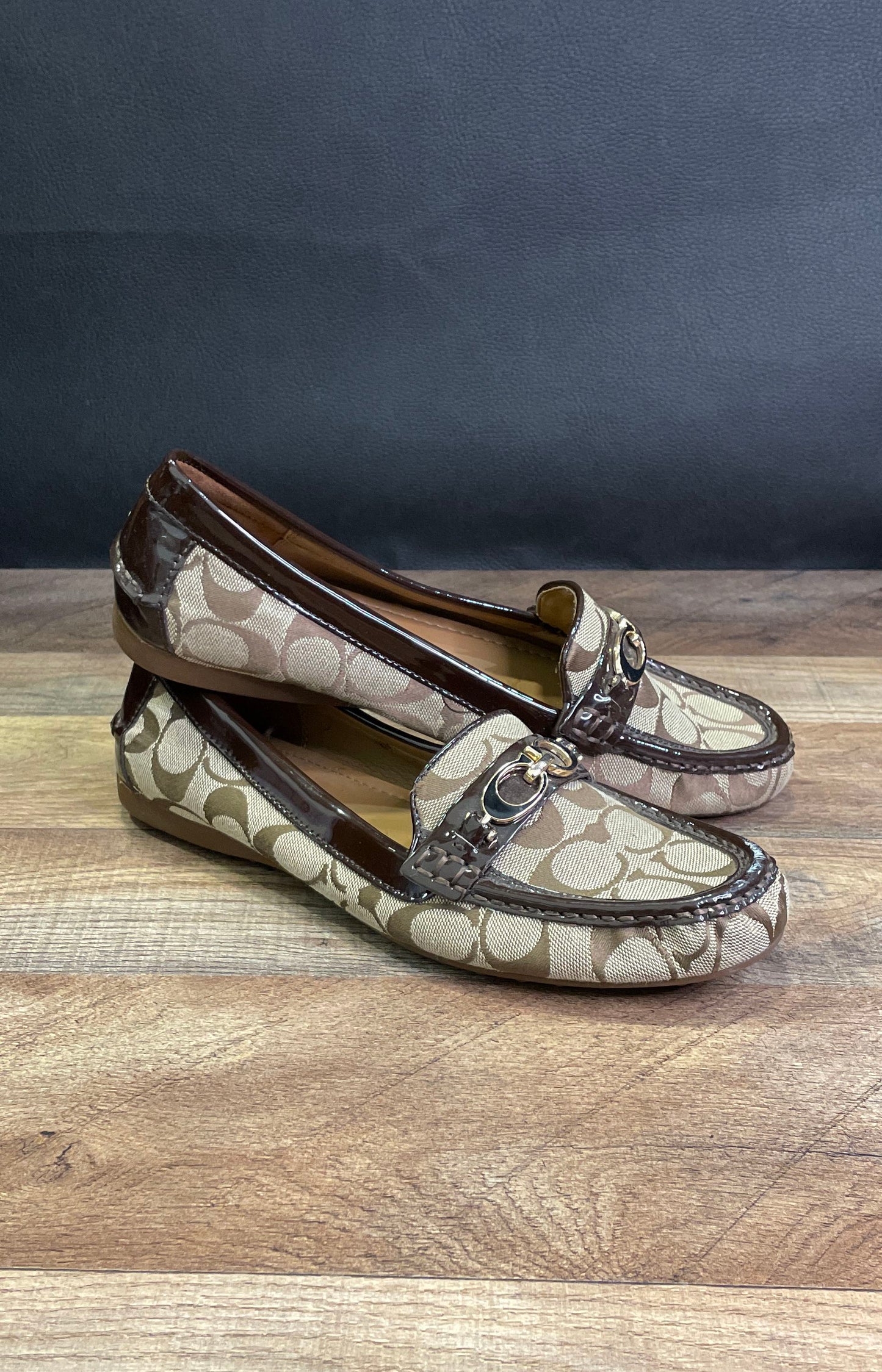 Coach Fortunata Khaki Brown Signature Canvas Patent Leather Loafers Size 10B