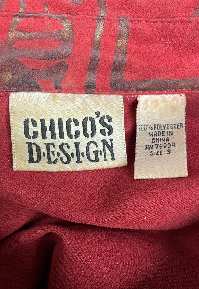 Vintage 90s Chico's Design Women's Red Coin Faux Suede Shirt Jacket Sz 3