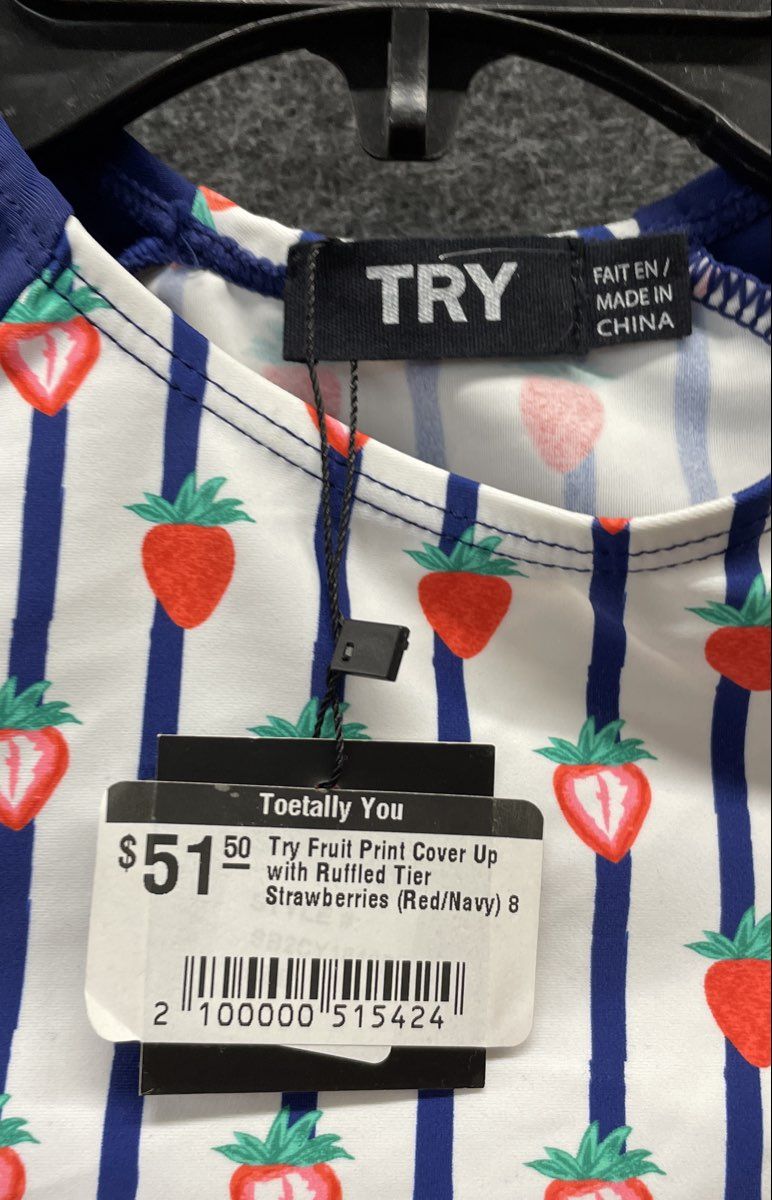 TRY Girls Strawberry Print Swim Cover Up Ruffled Tier Navy Blue Red NWT Sz 8