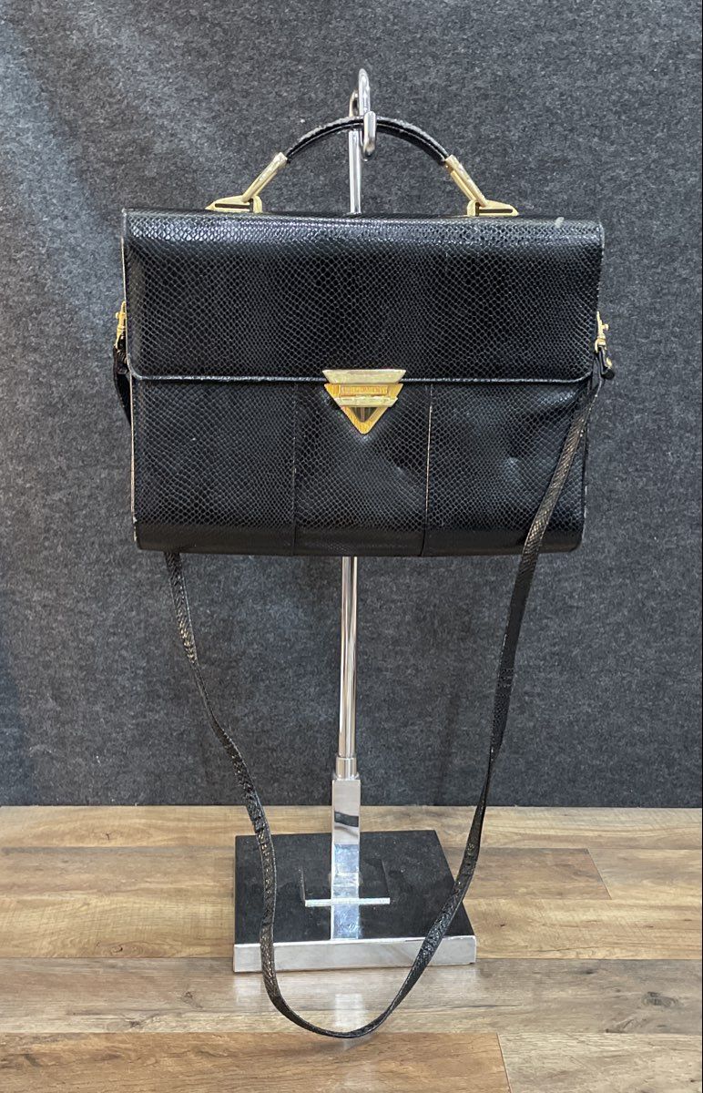 Vintage 80s Black Lizard Embossed Top Handle Crossbody Bag Gold Hardware