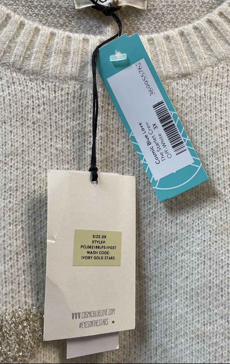 Cosmic Blue Love Women's The Starlet Crew Off-White Gold Star Sweater NWT Sz 3X