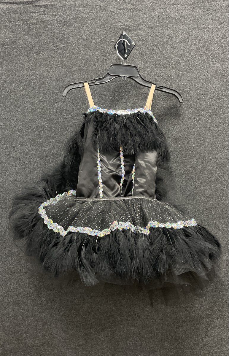 Curtain Call Costumes Girls Black Feather Sequin Dance Tutu Leotard Sz 10A USA