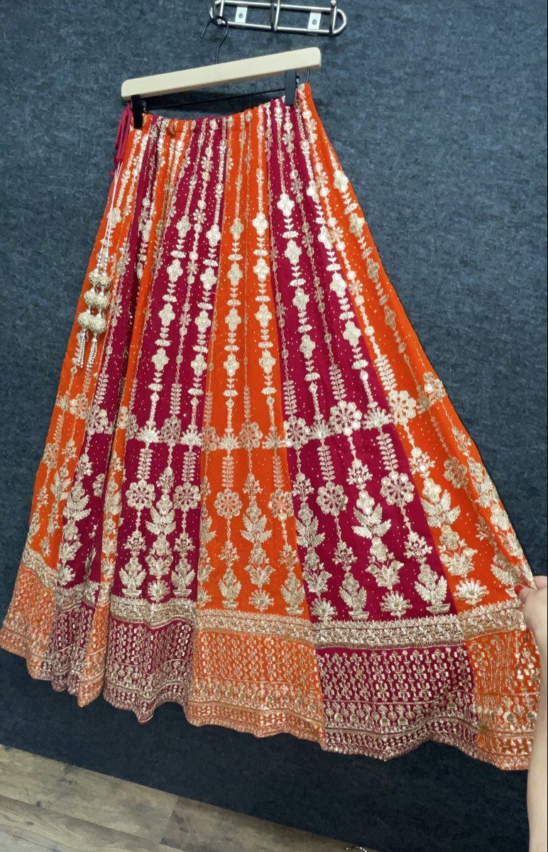 Girls Indian Lehenga Choli 3-Piece Set Orange Magenta Yellow Embroidered Sz 5