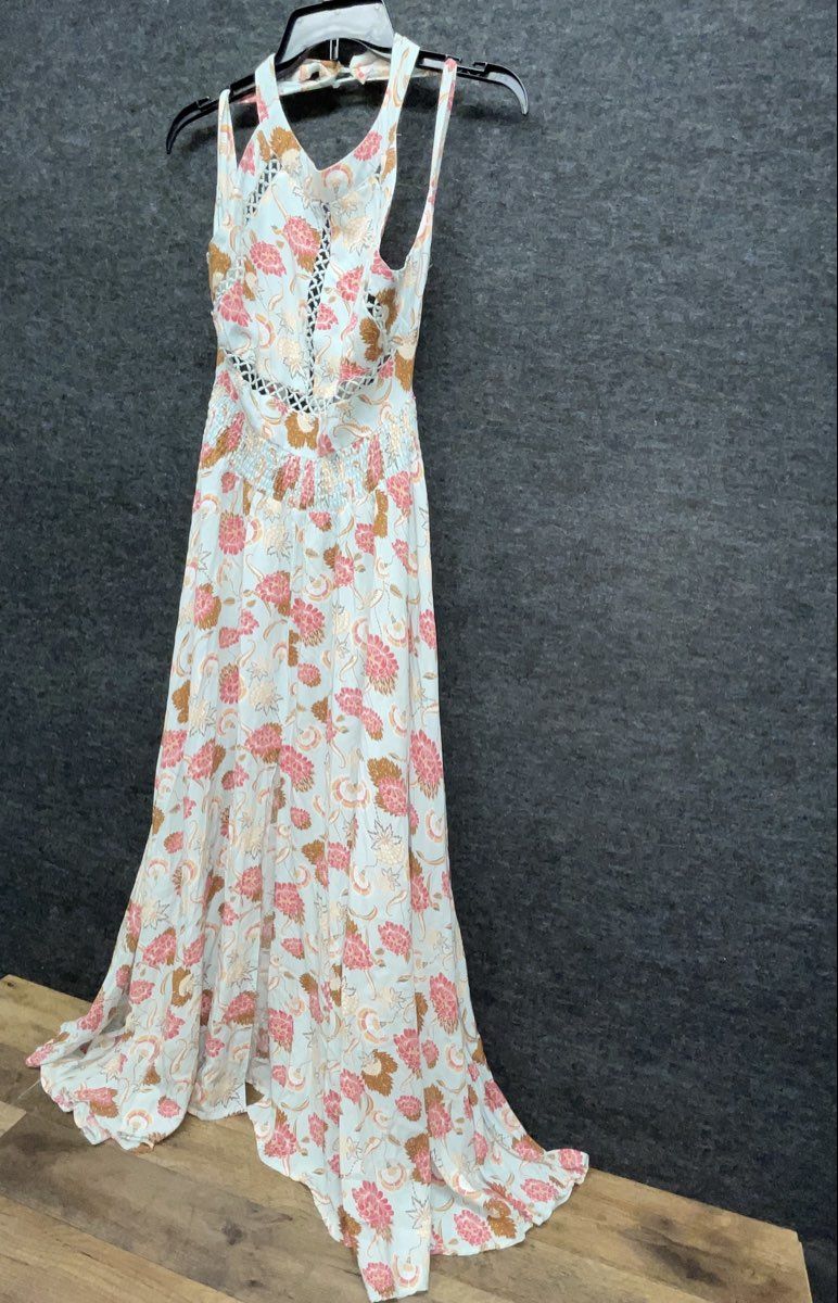 Women's Floral Halter Maxi Dress Blue Pink Crochet Trim Smocked Waist Tie Back