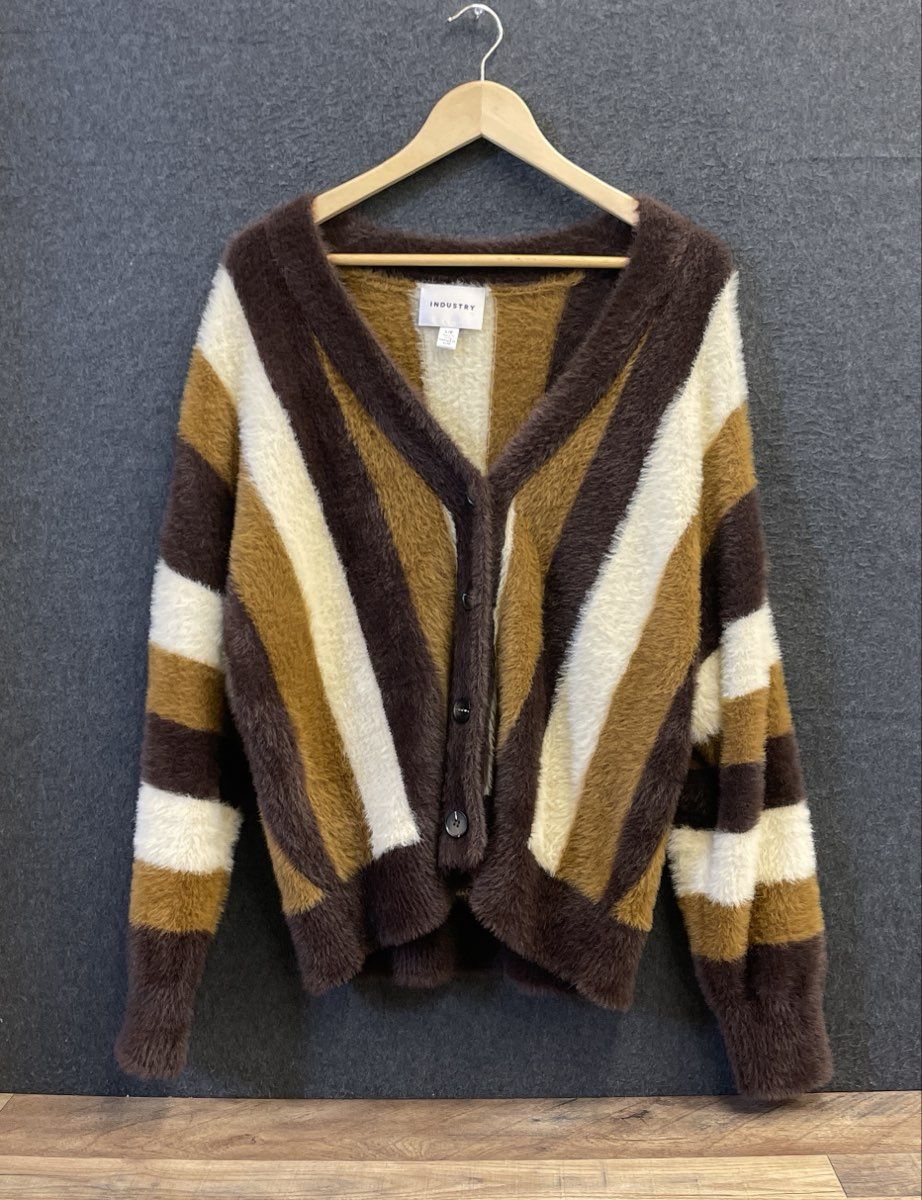 Industry Women's Brown Multicolor Fuzzy Striped Eyelash Knit Cardigan Sz L