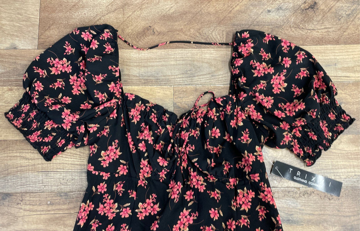 Trixxi Women's Black Pink Floral Puff Sleeve Smocked Dress Size M NWT