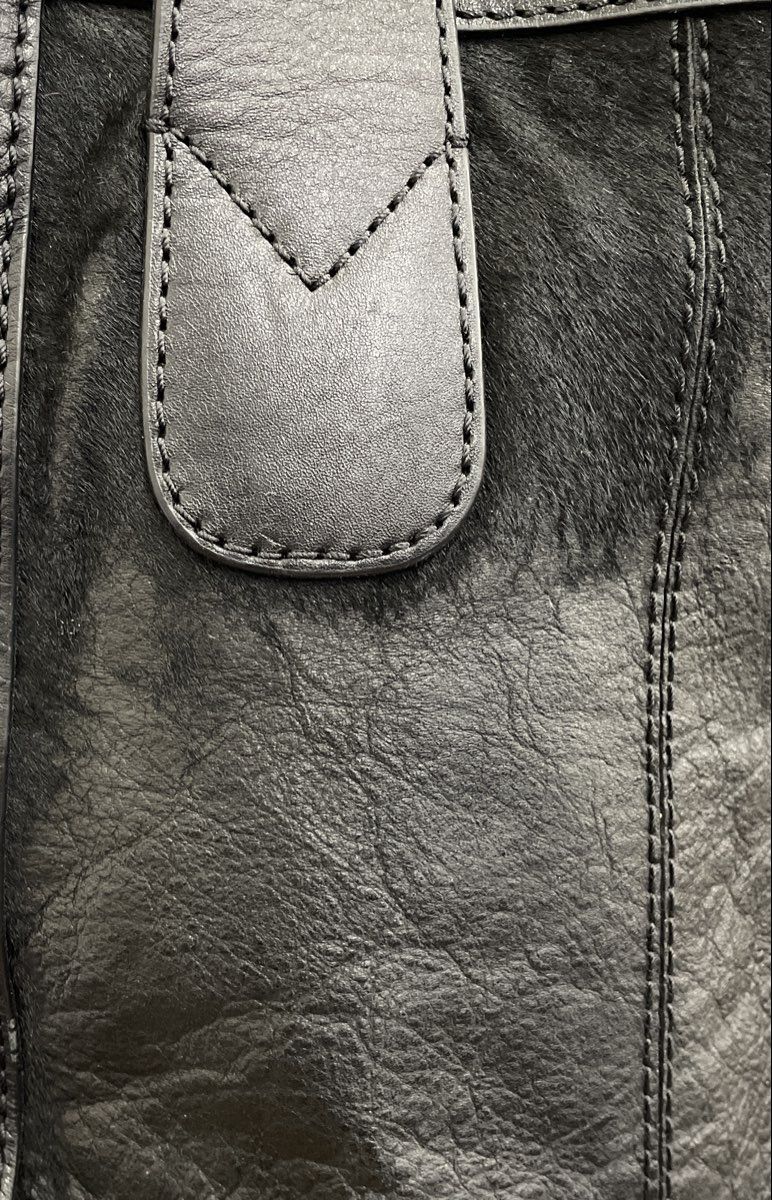 Fossil Black Leather Calf Hair Satchel Purse Gold Hardware Keyhole Plaque