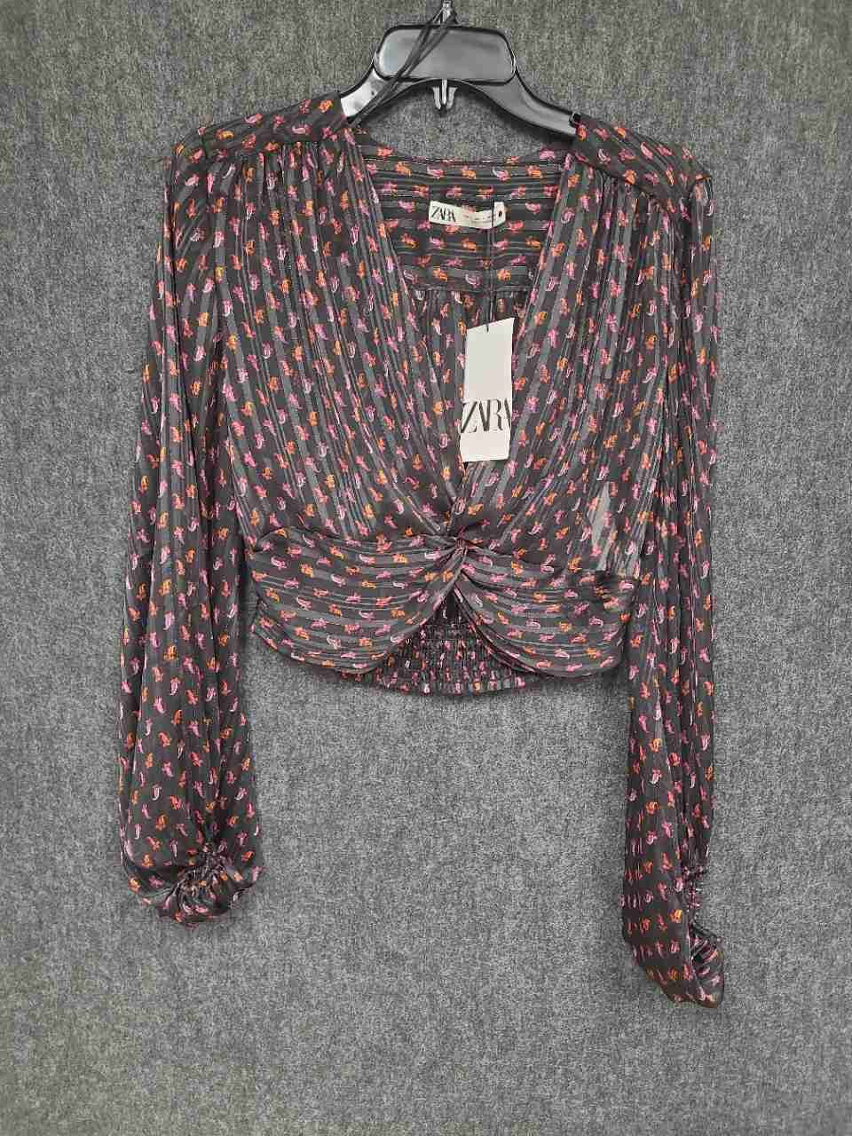 Zara Women's Black Paisley Cropped Twist Front Metallic Blouse Top NWT Sz S
