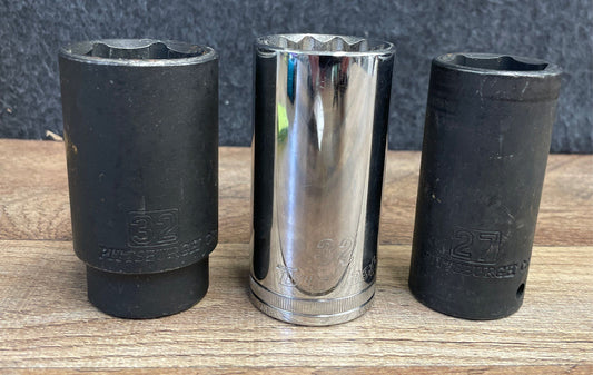Pittsburgh & Duralast 3pc Deep Socket Lot 27mm 32mm Metric 1/2" Drive