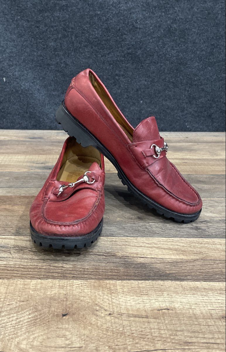 Cole Haan D21514 Red Leather Silver Horsebit Lug Sole Loafers Women's Size 6.5 B
