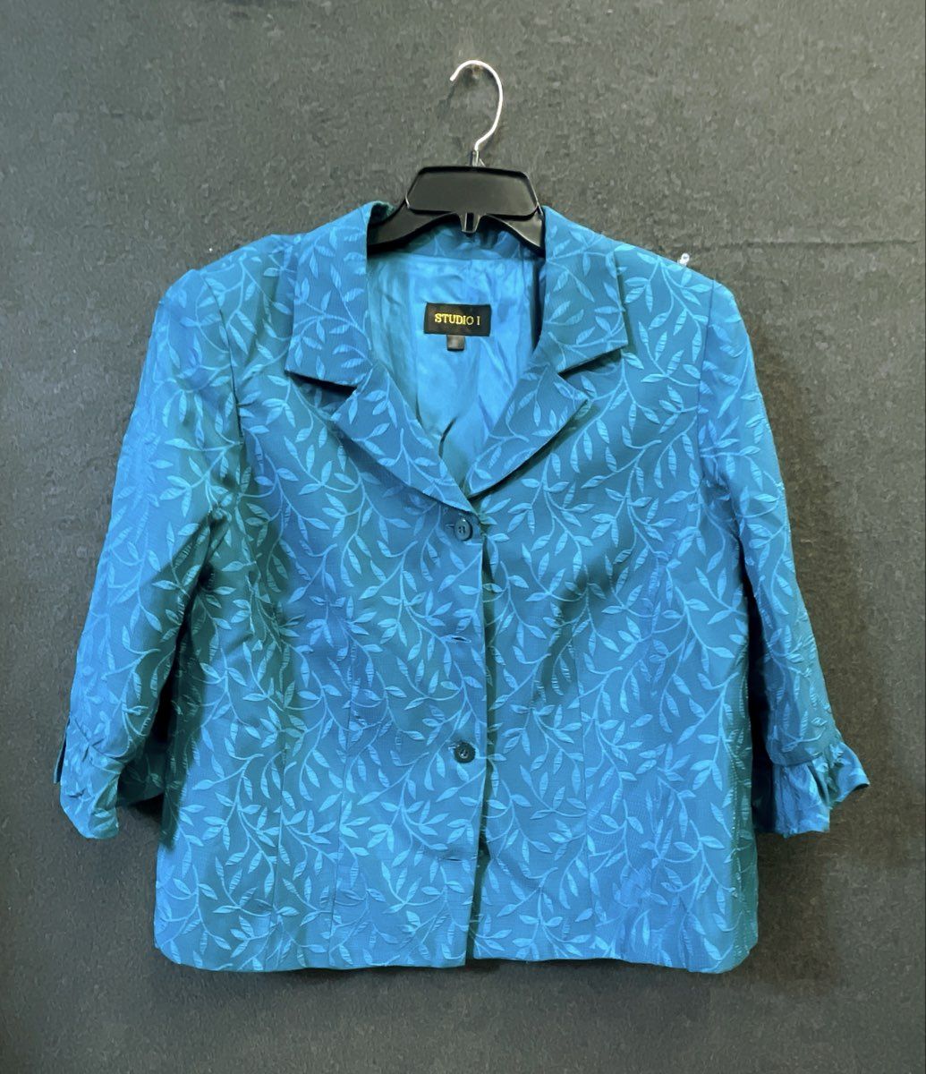 Studio I Women's Teal Leaf Jacquard 3/4 Sleeve Ruffle Cuff Blazer Sz 16W