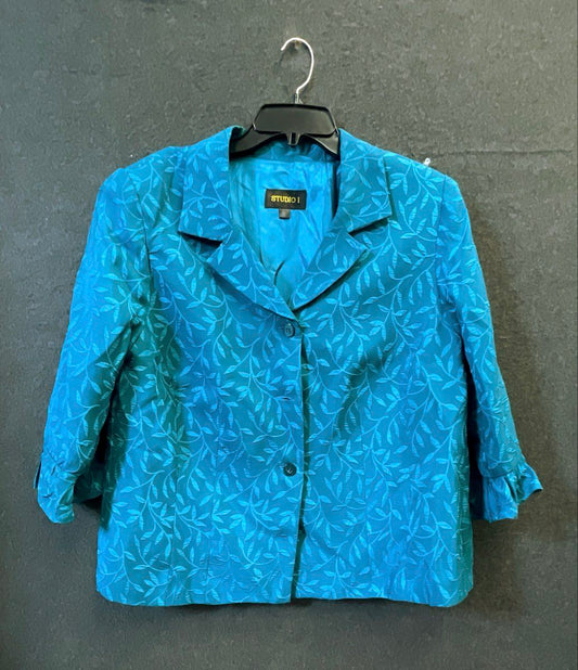 Studio I Women's Teal Leaf Jacquard 3/4 Sleeve Ruffle Cuff Blazer Sz 16W