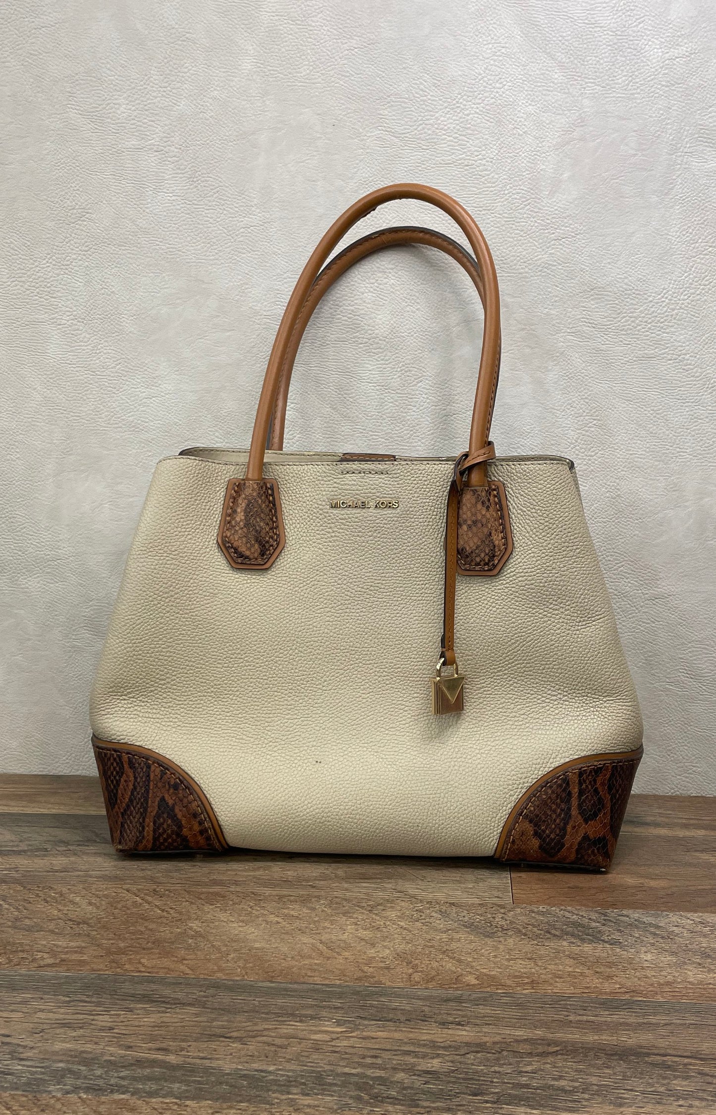 Michael Kors Cream Pebbled Leather Snakeskin Embossed Tote Bag Gold Hardware