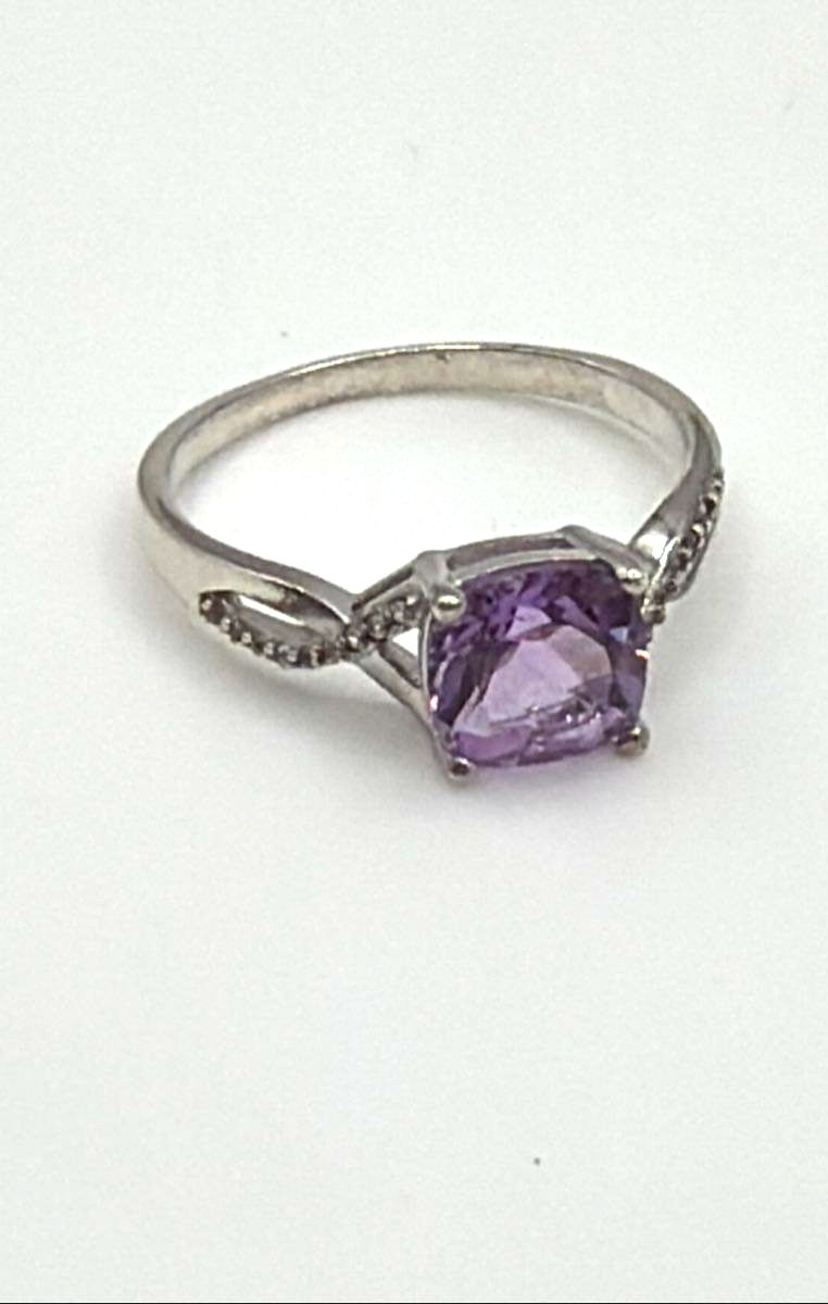 925 Sterling Silver Cushion-Cut Amethyst W/ CZ Accents Ring *Missing Stone* 2.5g