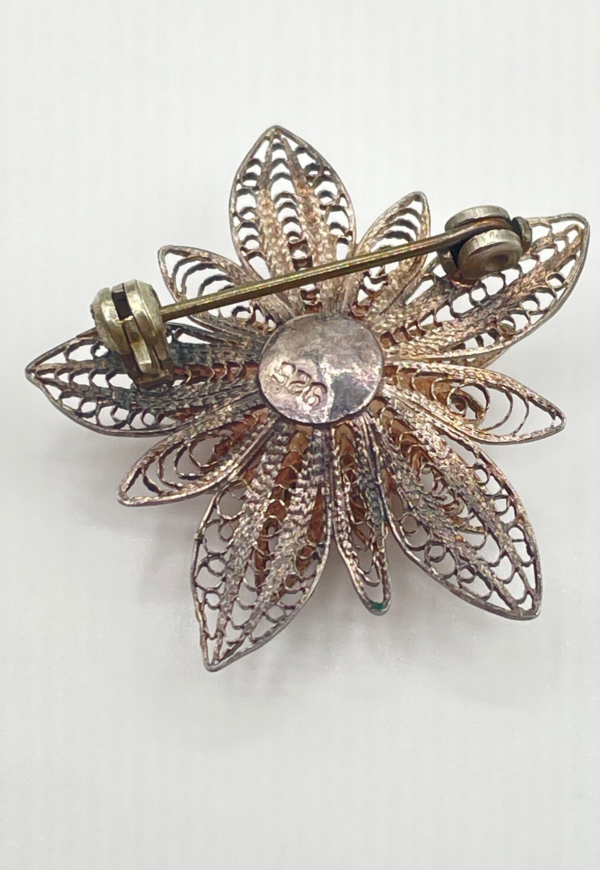 925 Sterling Silver Multi-Layered Openwork Filigree Flower Brooch Pin 3.9g