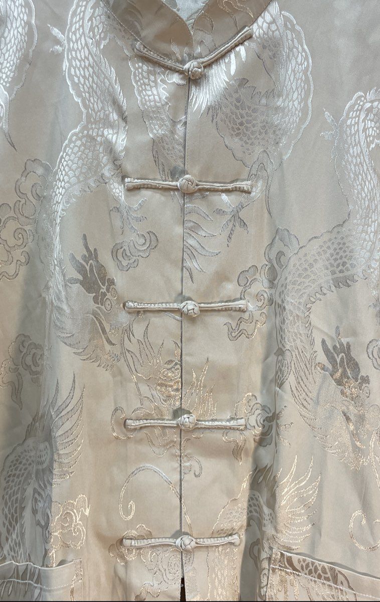 CNNIC Men's Tang Suit Cream Dragon Jacquard Short Sleeve Frog Button Sz 3XL