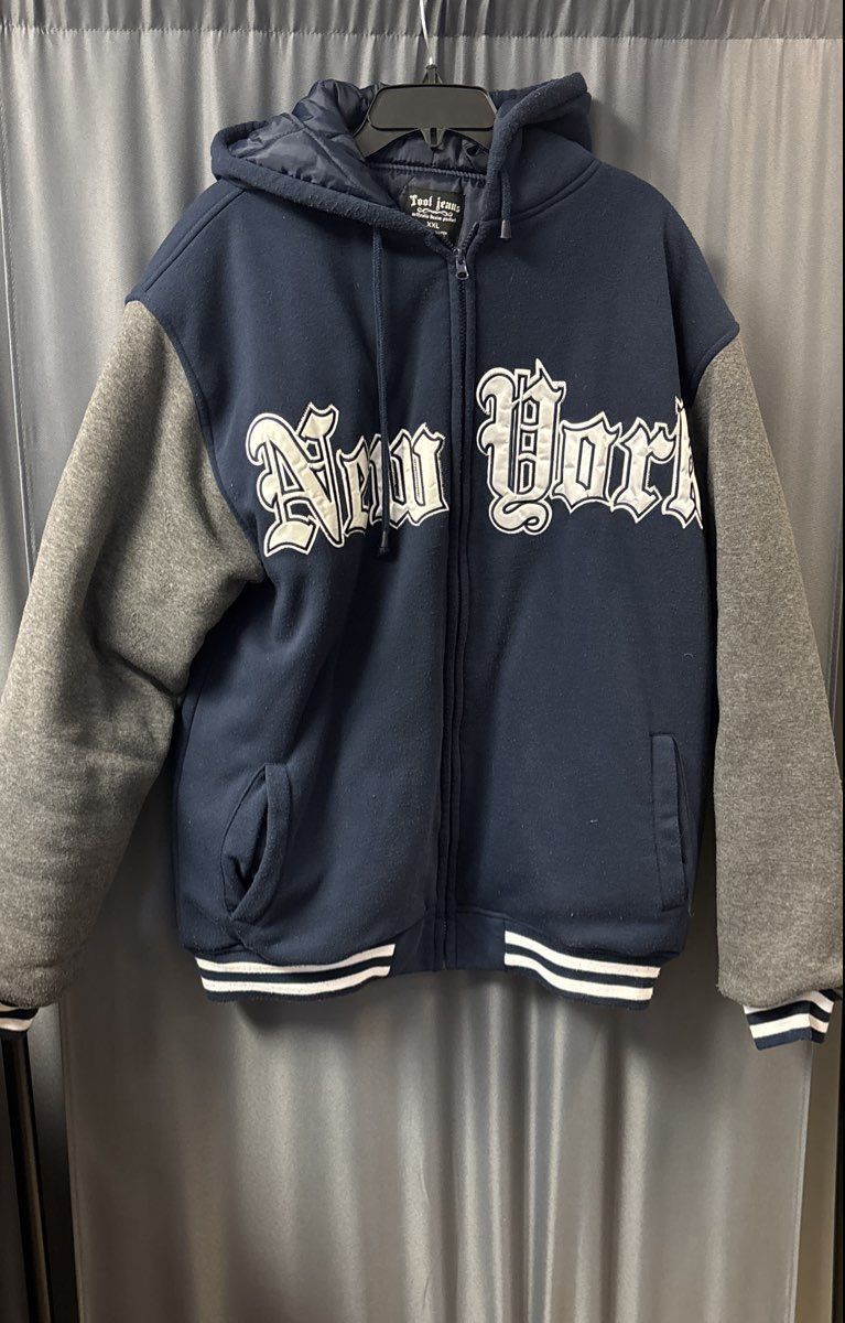 Vintage Tool Jeans Men's New York Quilted Zip Hoodie Jacket Navy Gray Sz XXL