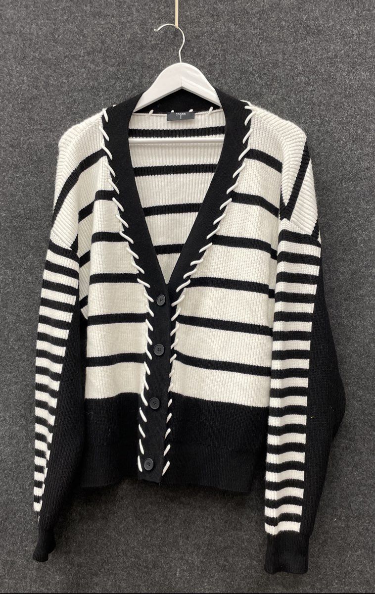 T Tahari Women's Black White Striped Whipstitch Laced Cardigan Sz XL NWT