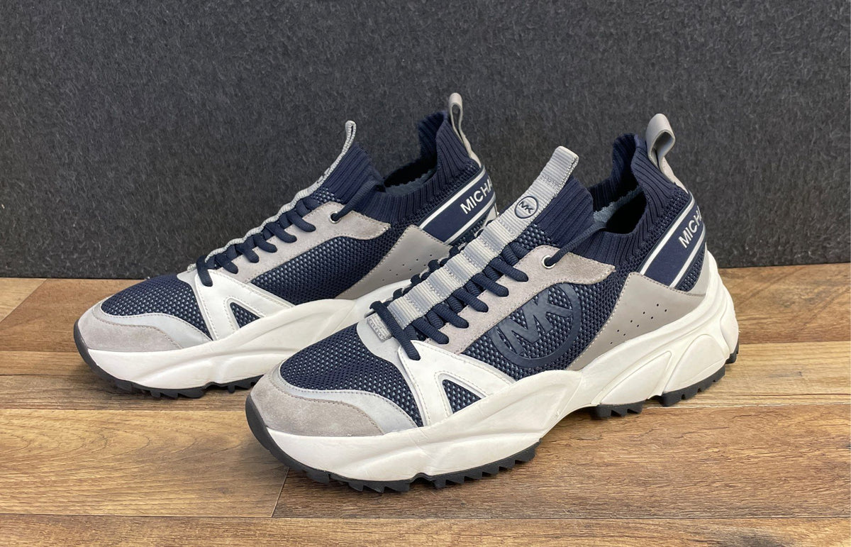 Michael Kors Miles Navy Grey Leather Knit Sneakers Men's Size 12