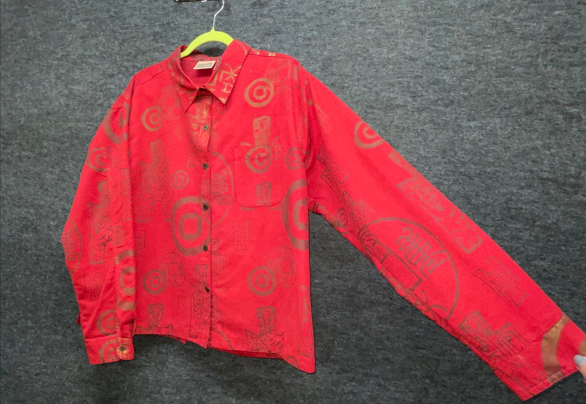 Vintage 90s Chico's Design Women's Red Coin Faux Suede Shirt Jacket Sz 3