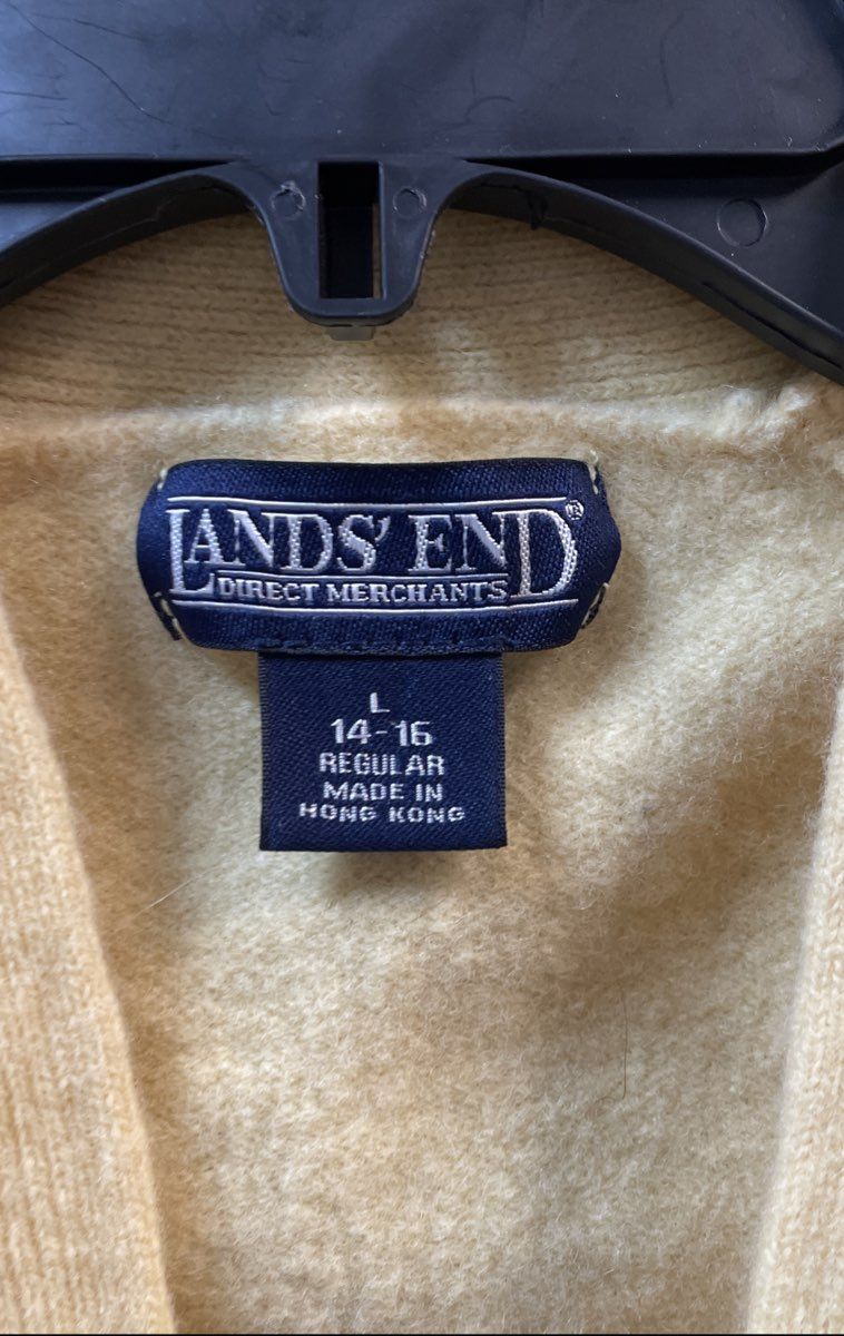Vintage 90s Lands' End Women's Yellow 100% Lambswool Cardigan Sweater Sz L 14-16