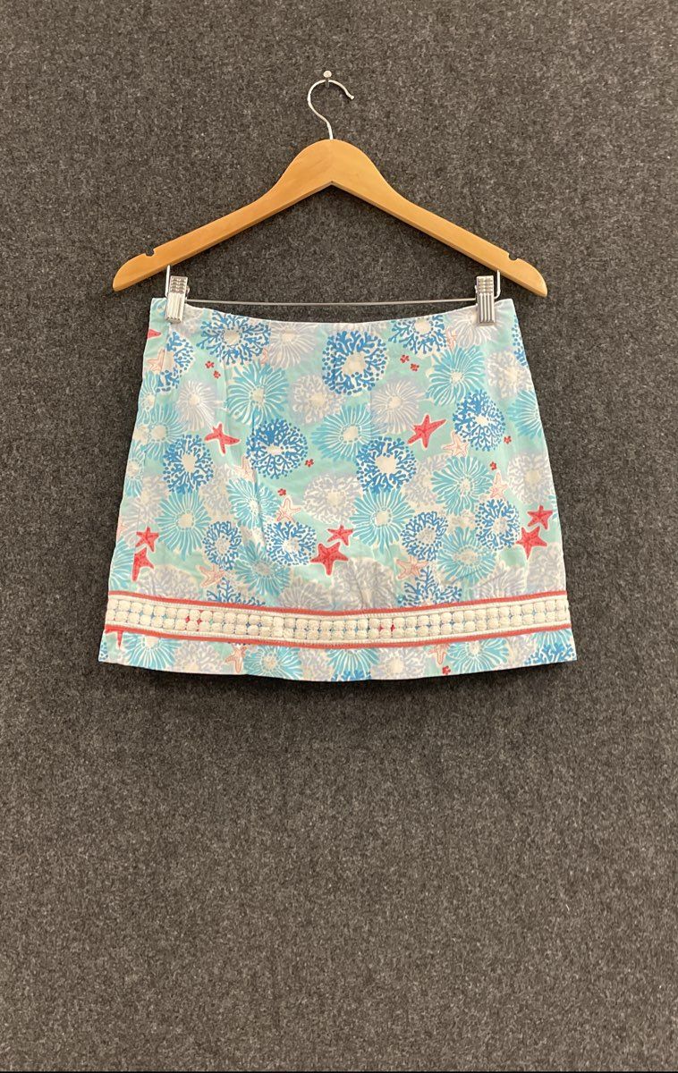 Lilly Pulitzer Women's Blue Coral Starfish Sea Life Print Skirt Lace Trim Sz 2