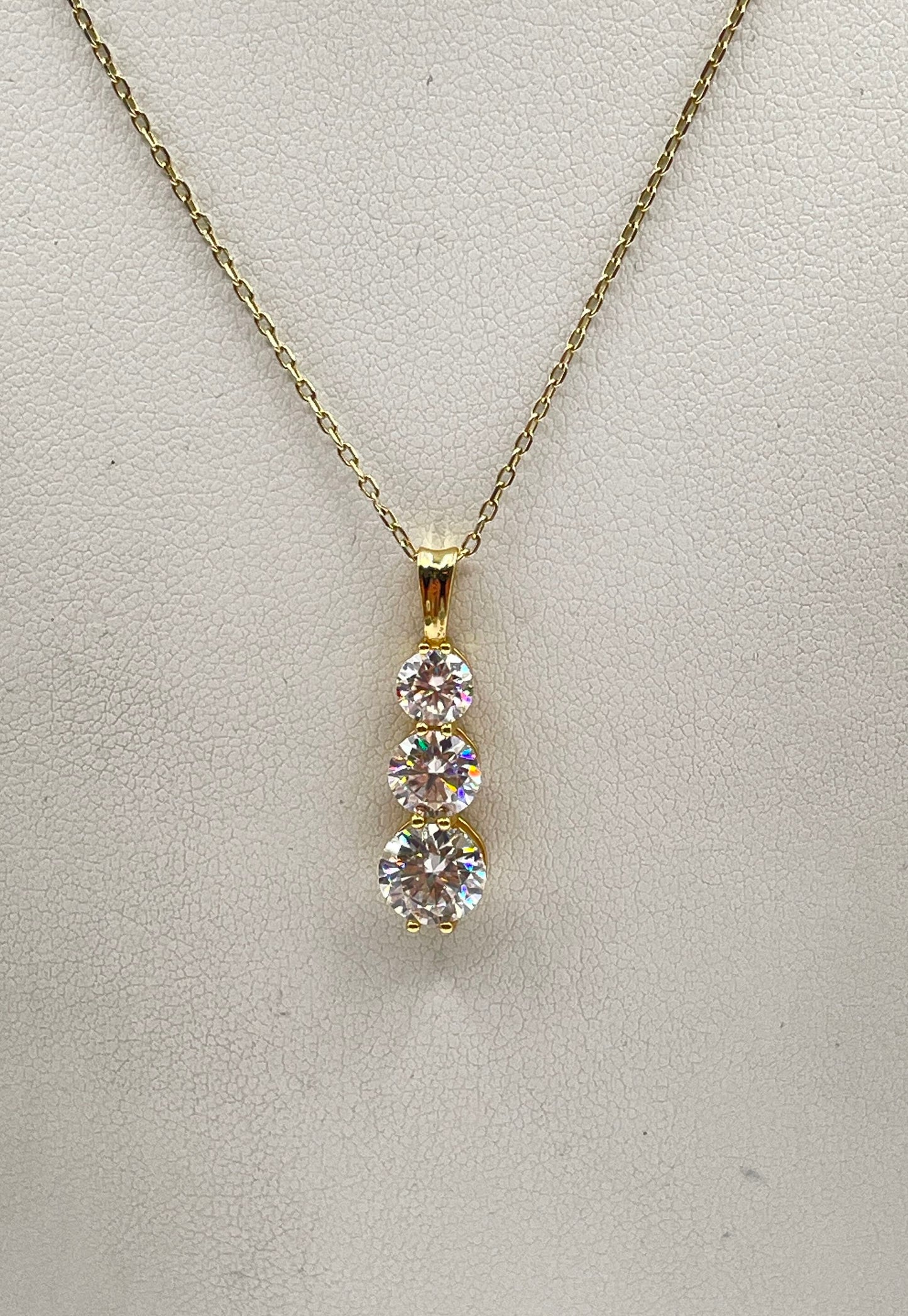 Gold Plated 925 Sterling Silver Three-Stone Moissanite Pendant Necklace 2.7g