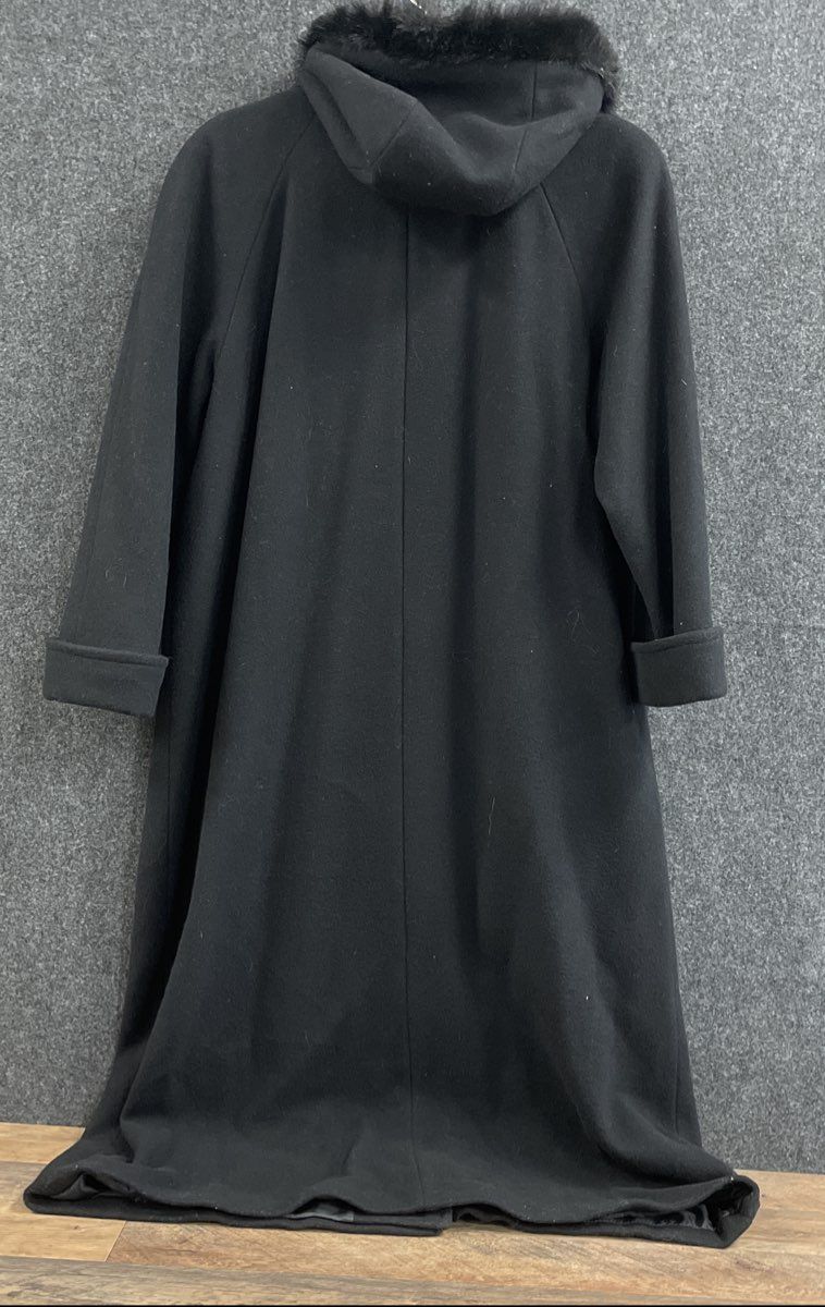 Levine Classics Women's Black 100% Wool Faux Fur Trim Hooded Long Coat Size 16W