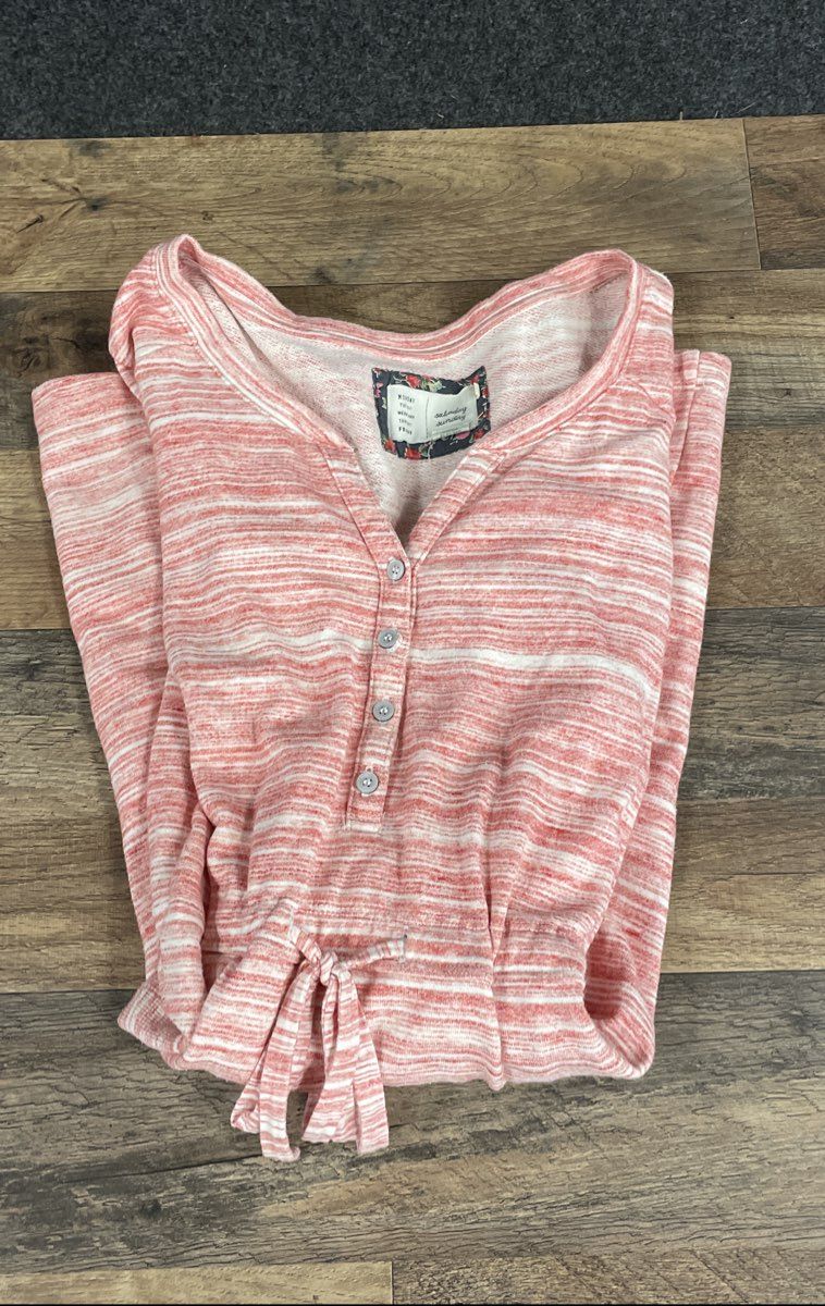 Saturday Sunday Women's Dress Pink White Striped Henley Drawstring Waist Sz XS