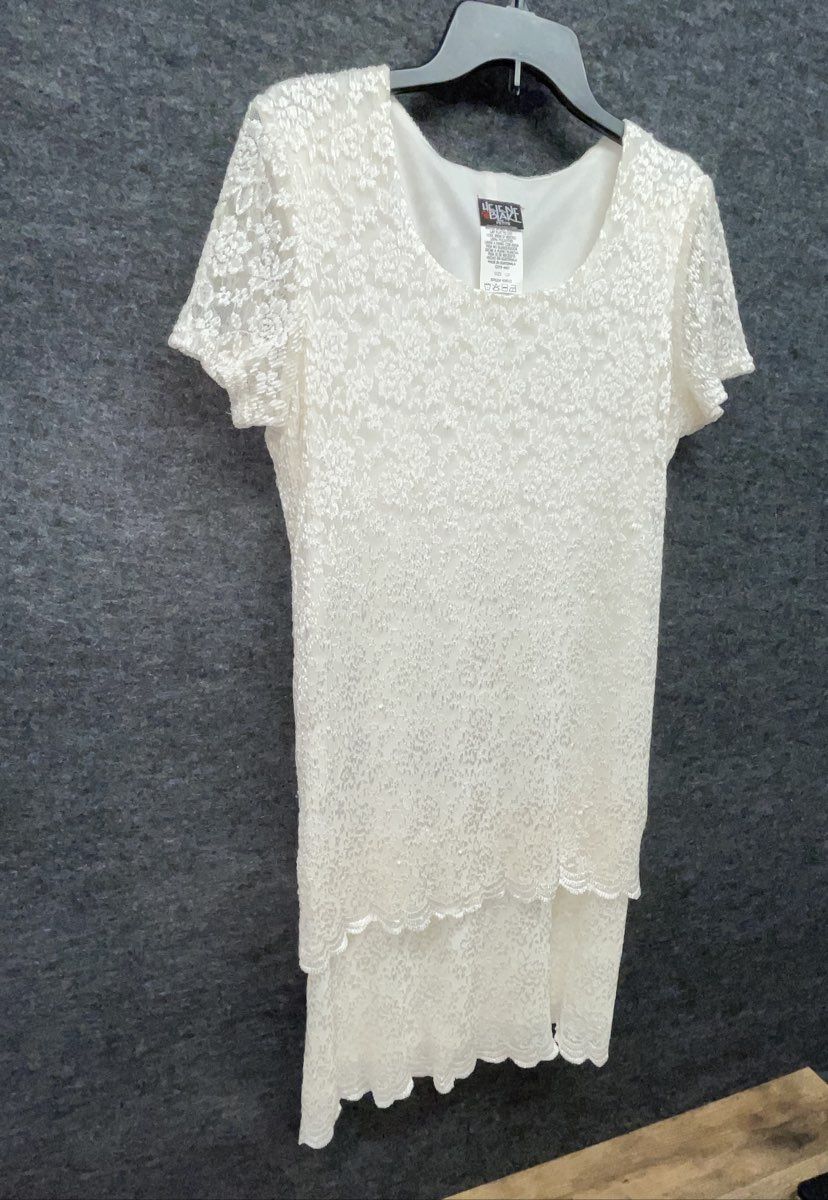 Vintage Y2K Leslie Blake Women's Ivory Floral Lace Layered Cocktail Dress Sz 10P
