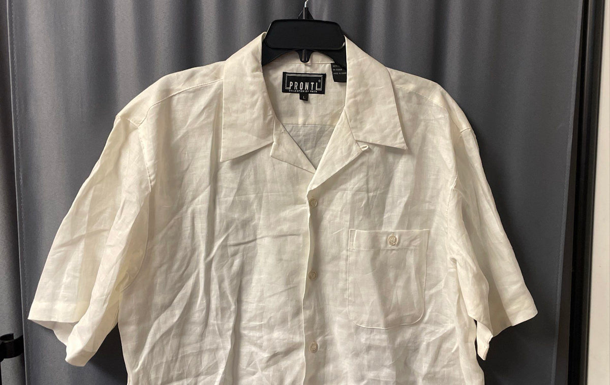 Vintage 90s Pronti Men's White 100% Linen Short Sleeve Button Up Shirt Sz L