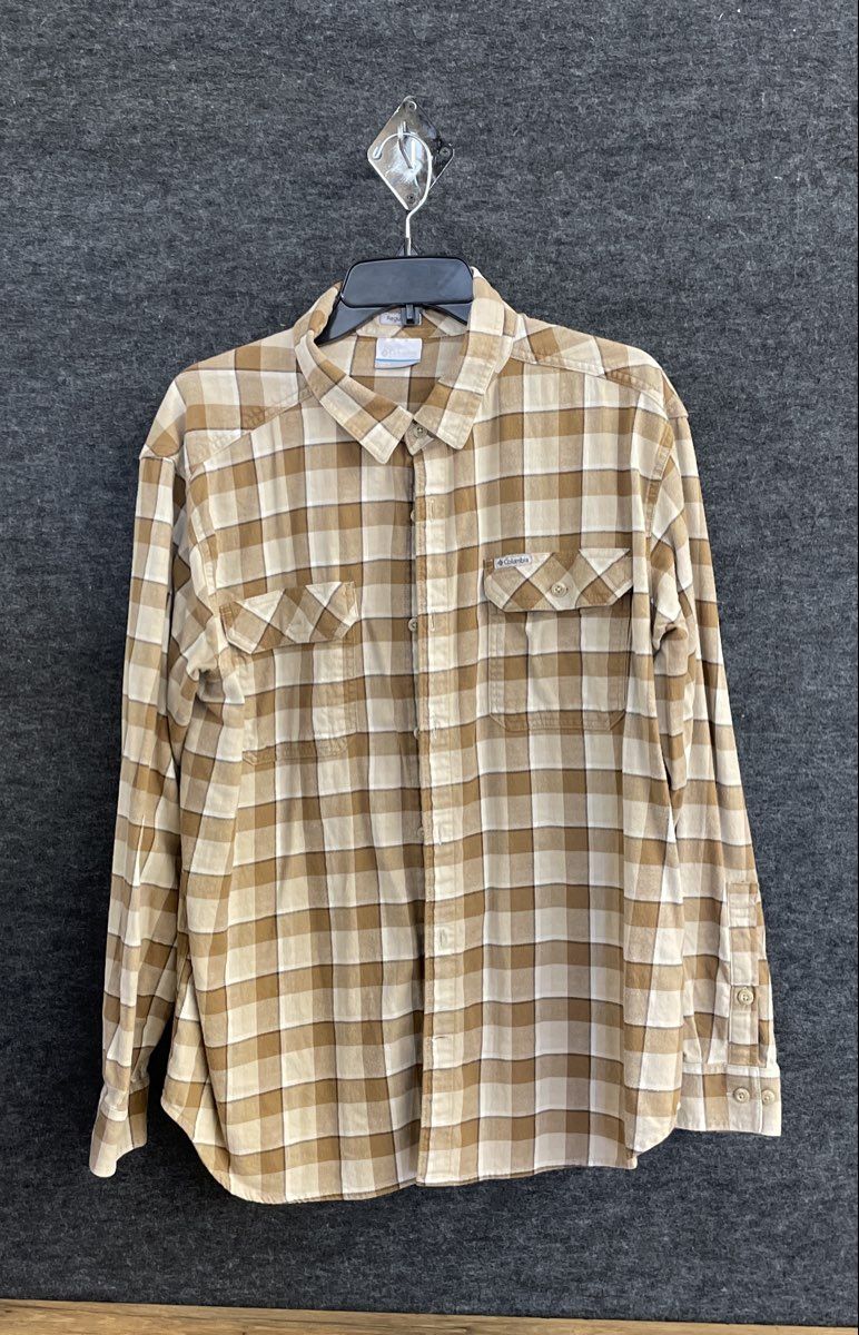 Columbia Men's Long Sleeve Button Down Shirt Tan Brown Plaid Stretch Sz XL