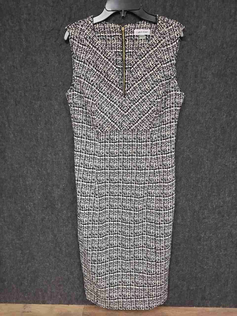 Calvin Klein Women's Black White Sleeveless Tweed V-Neck Sheath Dress Sz 6