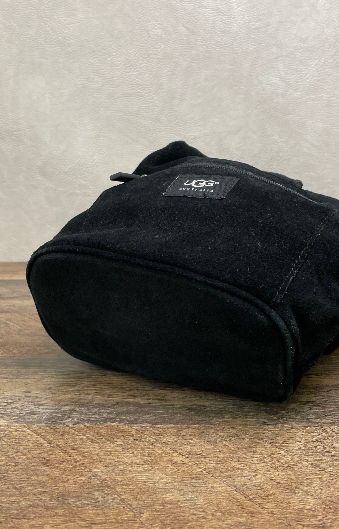 Vintage UGG Australia Black Suede Shearling Drawstring Backpack Silver Hdw