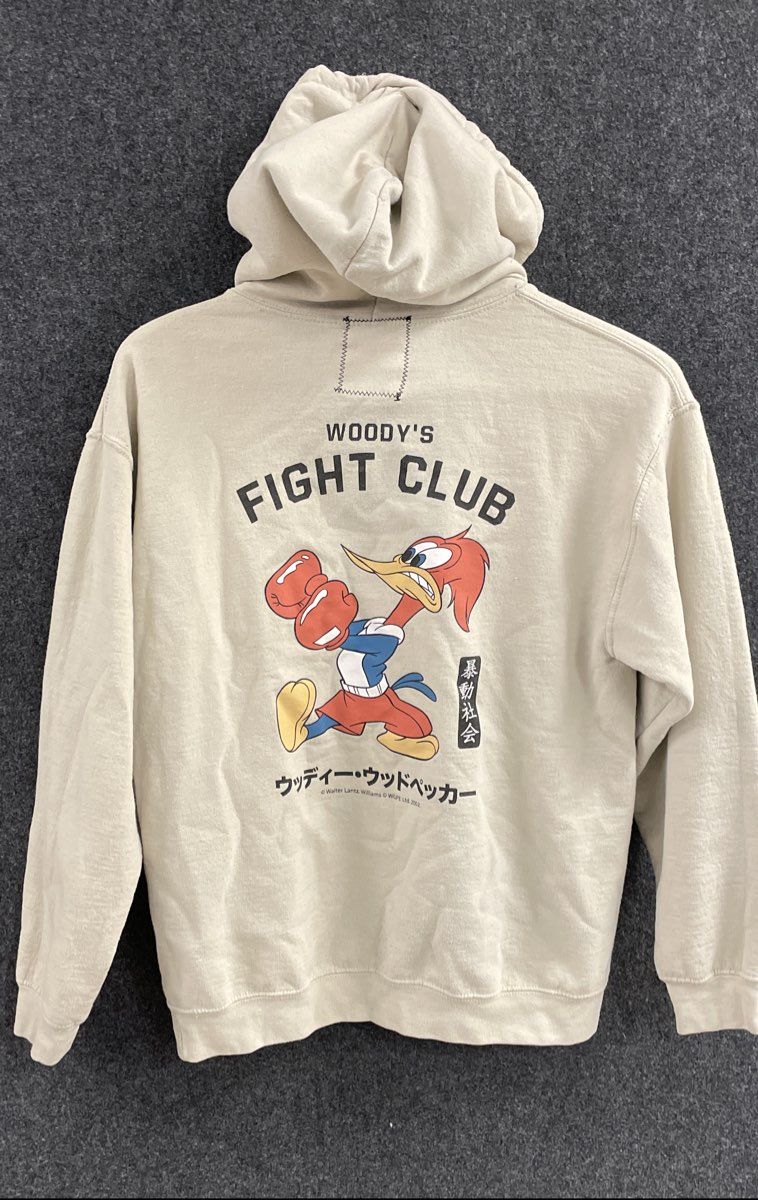 Riot Society Men's Woody's Fight Club Hoodie Cream Graphic Woody Woodpecker Sz M
