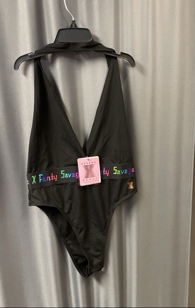 Savage X Fenty Women's Black Halter Deep V Bodysuit Iridescent Logo Sz S NWT