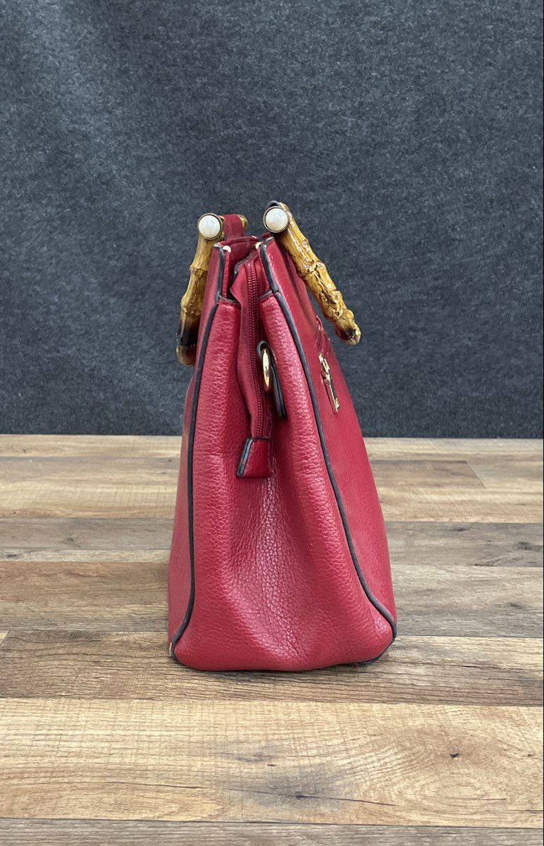 Red Pebbled Leather Bamboo Handle Satchel Bag Gold Tone Hardware