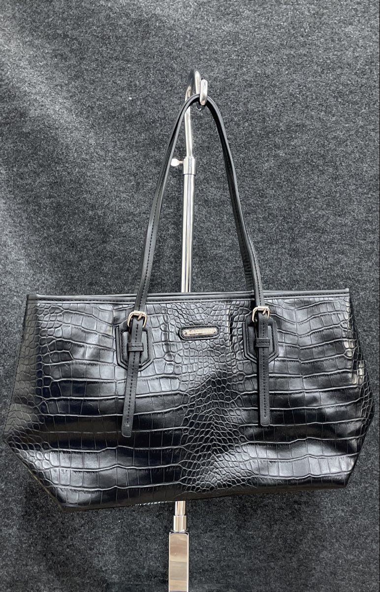 Dana Buchman Black Croc Embossed Leather Tote Shoulder Bag Zebra Print Lining