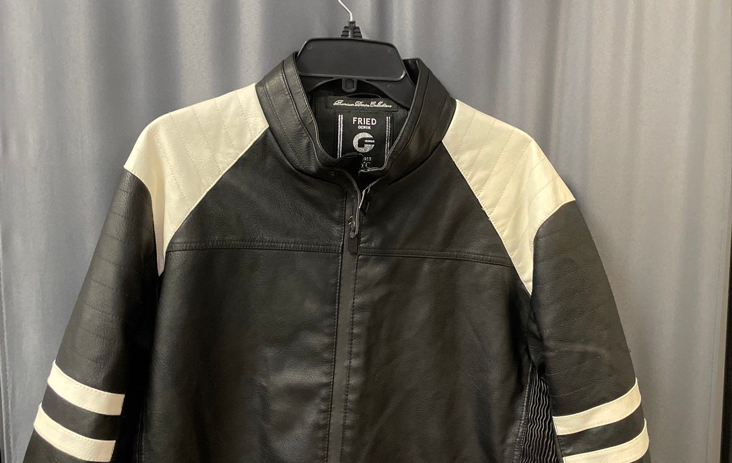 Fried Denim Men's Black White Faux Leather Biker Cafe Racer Jacket Size L