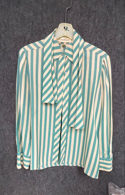 Vintage 80s Kasper for J.L. Sport Ltd Women's Teal Striped Tie Neck Blouse