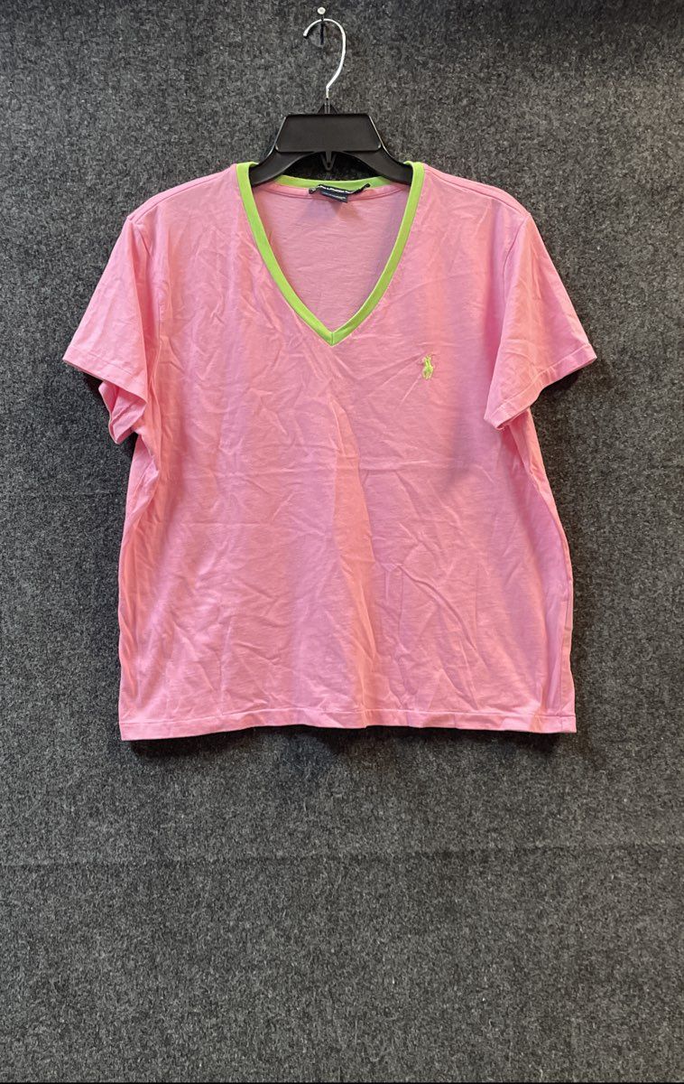 Ralph Lauren Sport Women's Pink V-Neck T-Shirt Lime Green Trim Pony Logo Sz XL