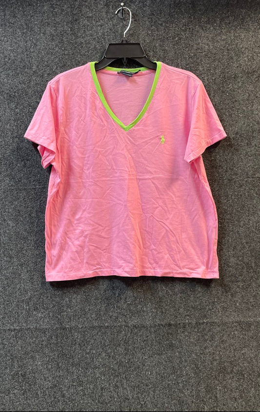 Ralph Lauren Sport Women's Pink V-Neck T-Shirt Lime Green Trim Pony Logo Sz XL