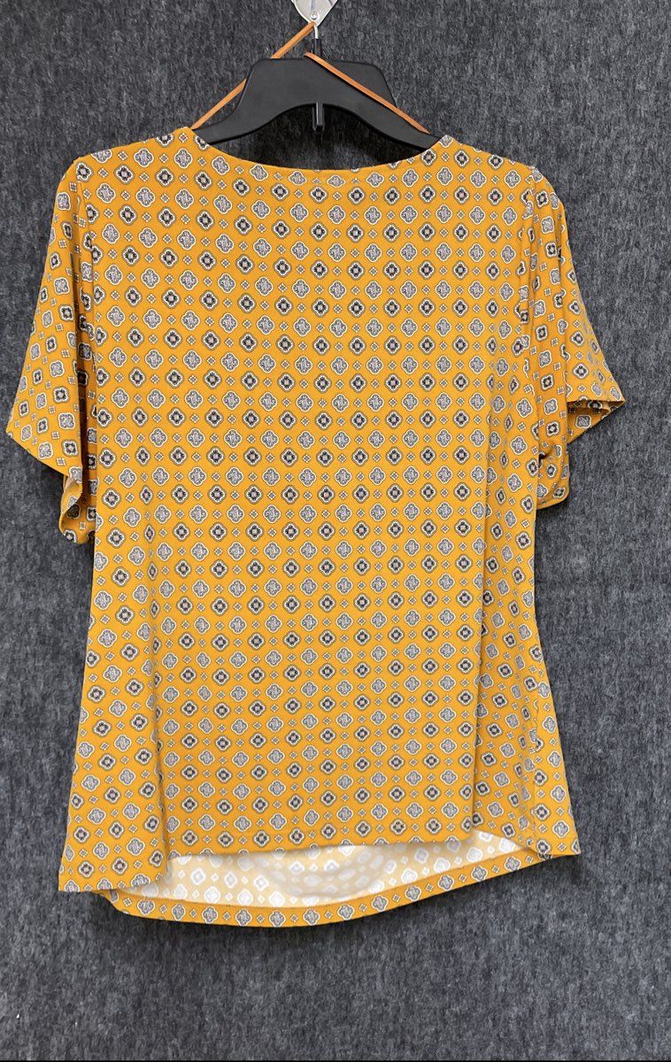 Michael Kors Women's Mustard Geometric Cowl Neck Blouse MK Logo Buttons Size L