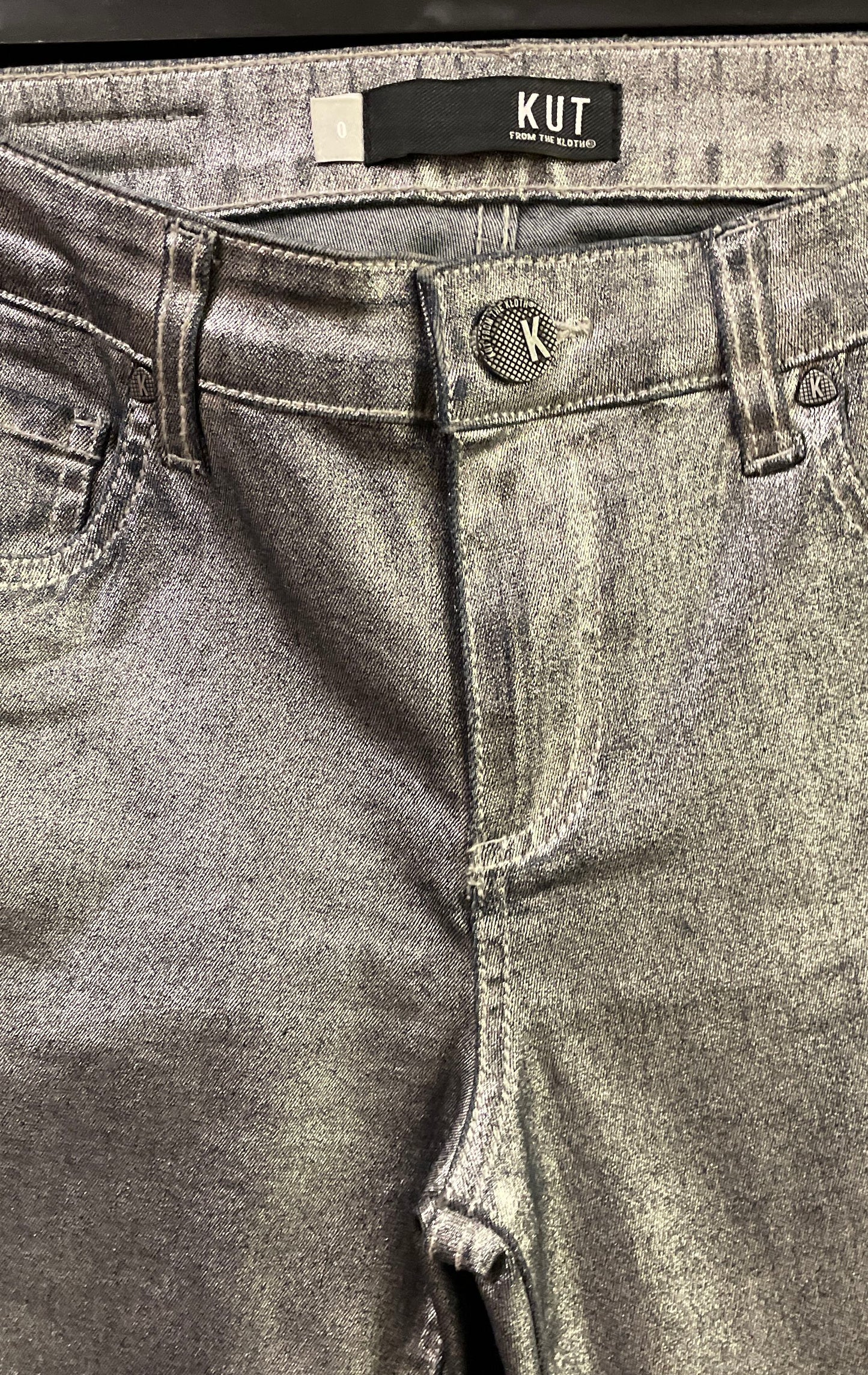 Kut From The Kloth Women's Silver Metallic Coated Ankle Zip Skinny Jeans Sz 0