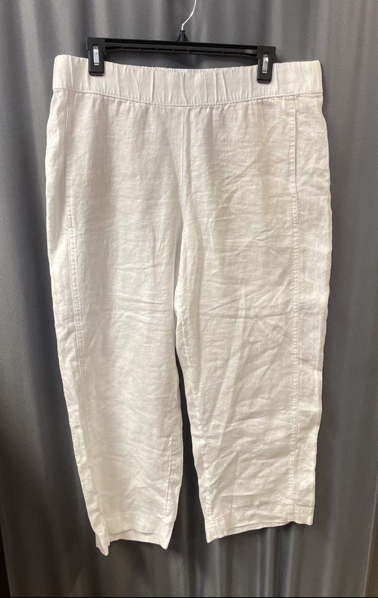 Pure Jill Women's White 100% Linen Elastic Waist Cropped Trousers Sz M