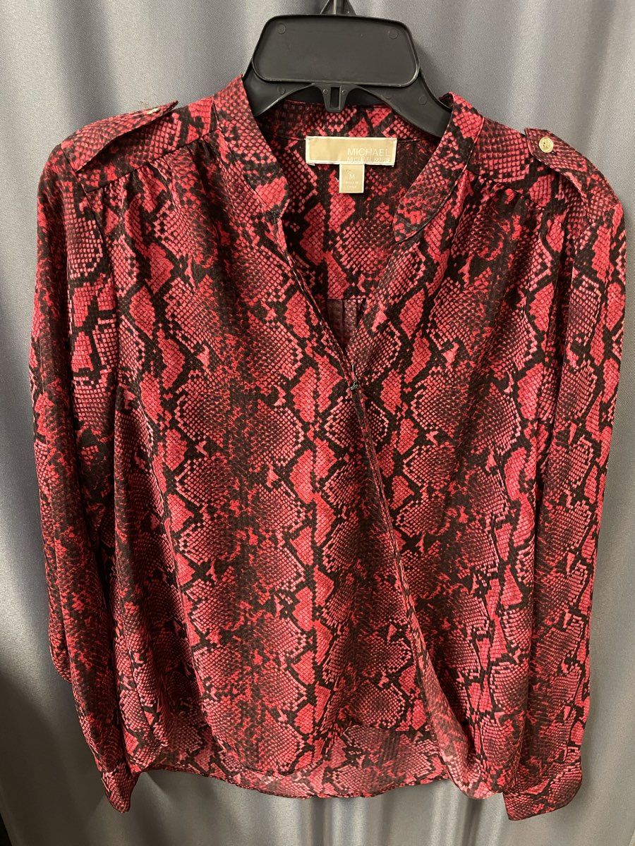Michael Kors Women's Red Snakeskin Print Long Sleeve Surplice Blouse Size M