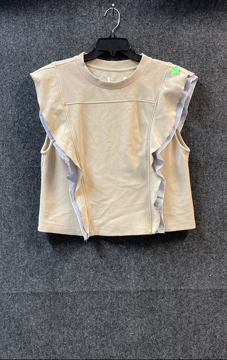 Anthropologie Women's Ruffle Sleeveless Top Beige Blue Striped Button Back Sz L